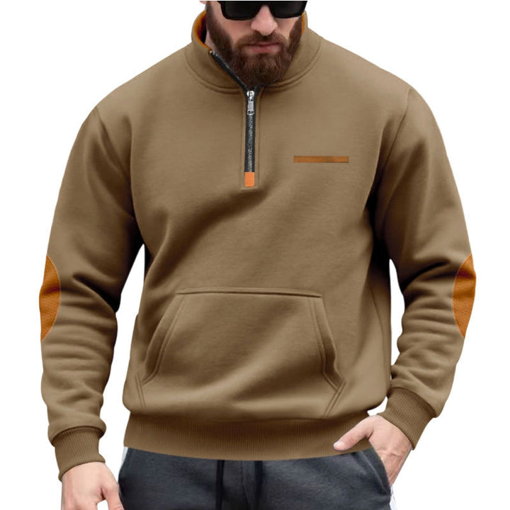 Herren nan Halbzip-Sweatpullover mit Stehkragen, Kängurutasche und Ellenbogenbesatz Drune