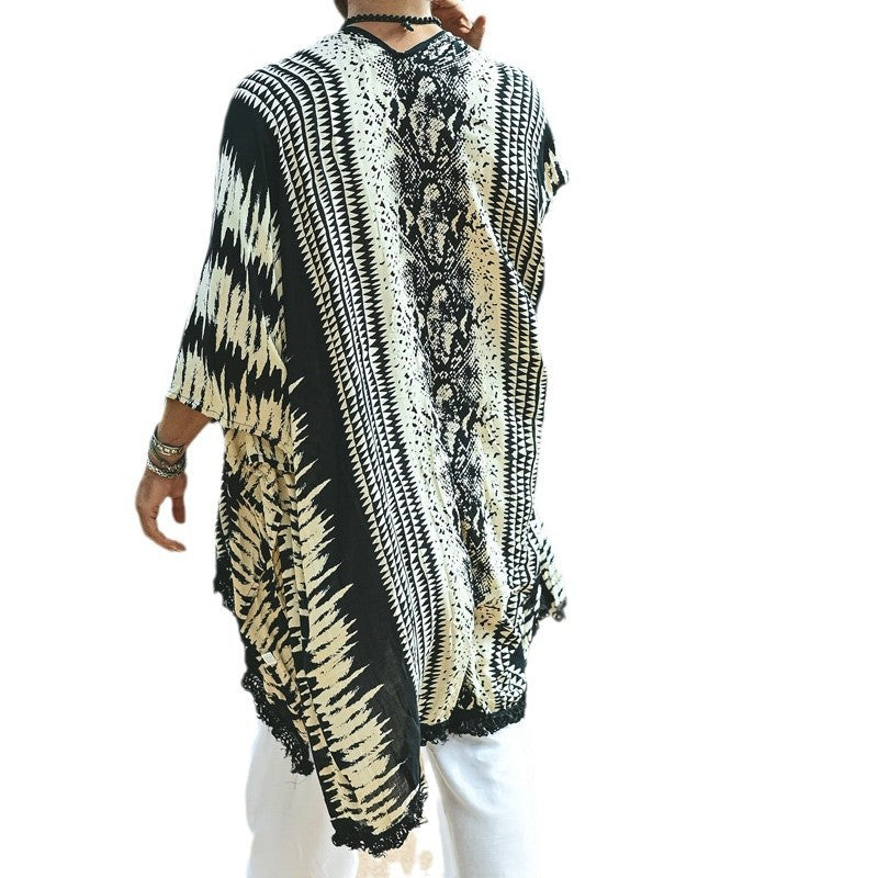 Herren Leichter Ethno-Strandkaftan mit V-Ausschnitt und Fransen Drune