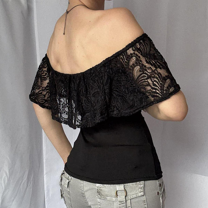 Damen Oberteil mit Spitzen-Overlay und schulterfreiem Design Drune