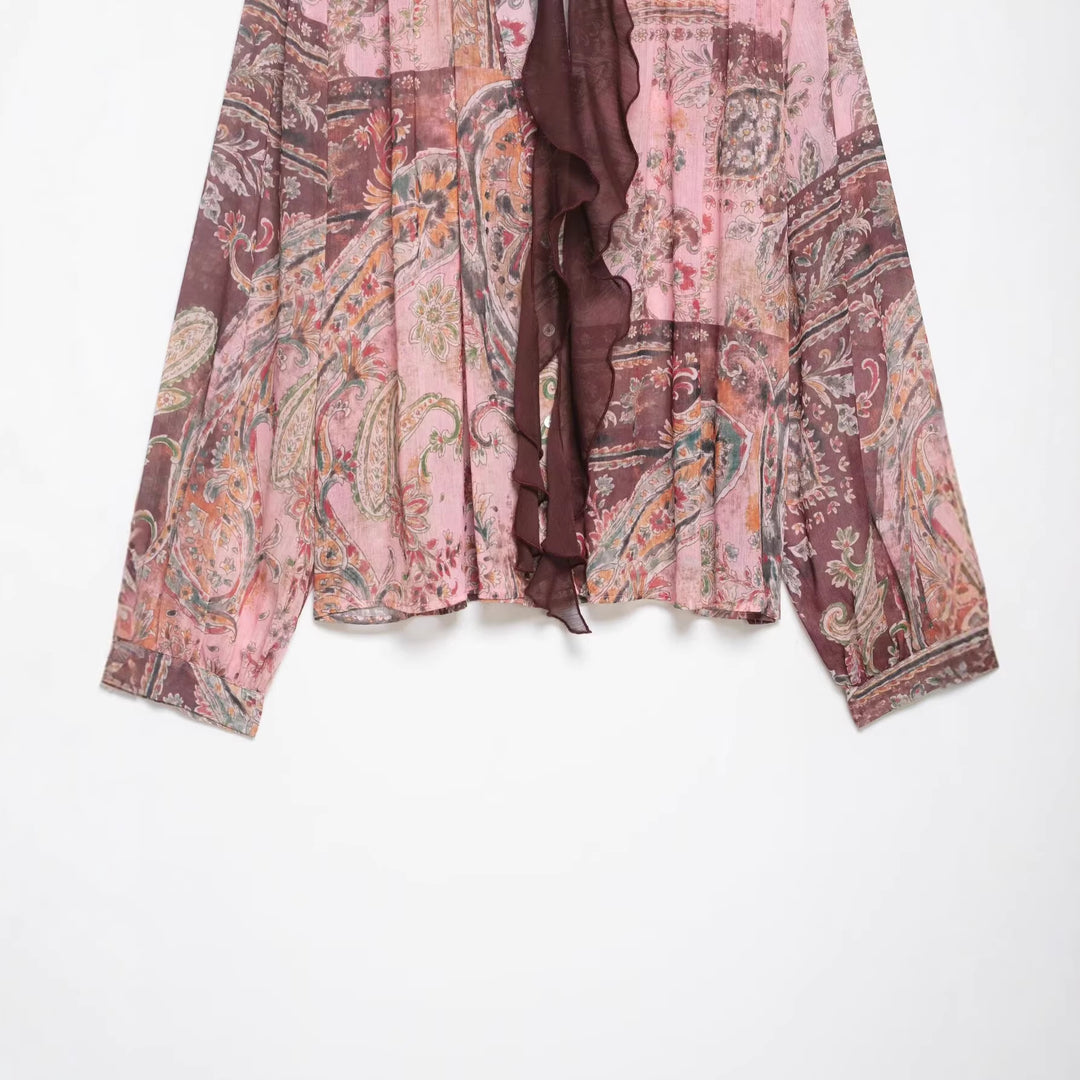 Damen Chiffonbluse im Paisley-Print mit Schleifenkragen und Rüschenfront Drune