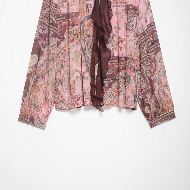 Damen Chiffonbluse im Paisley-Print mit Schleifenkragen und Rüschenfront Drune
