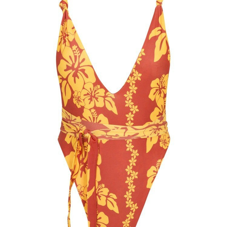 Damen Einteiliger Badeanzug mit tiefem V-Ausschnitt und floralem Design Drune