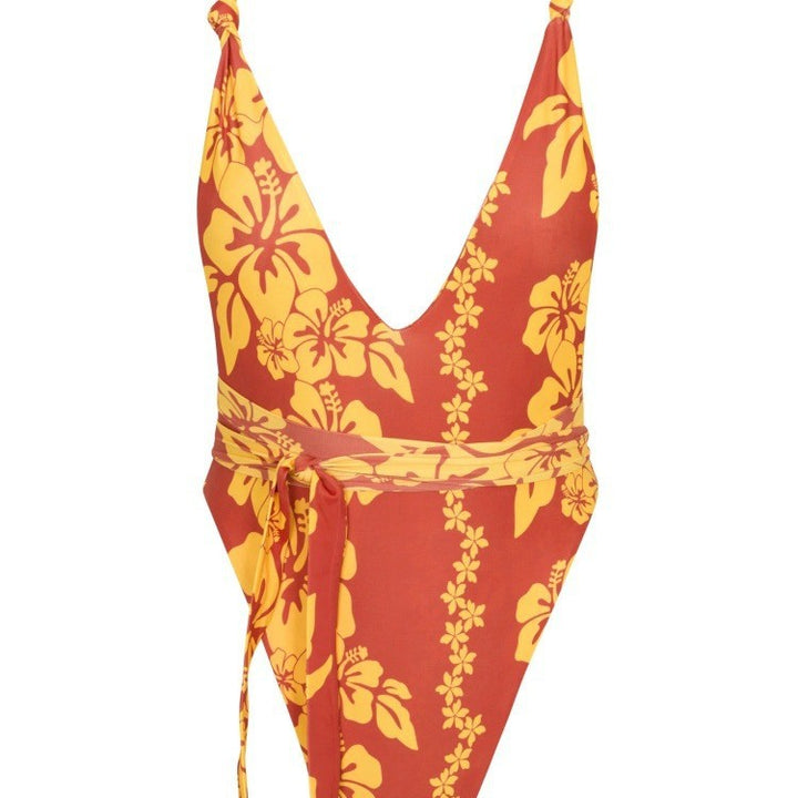 Damen Einteiliger Badeanzug mit tiefem V-Ausschnitt und floralem Design Drune