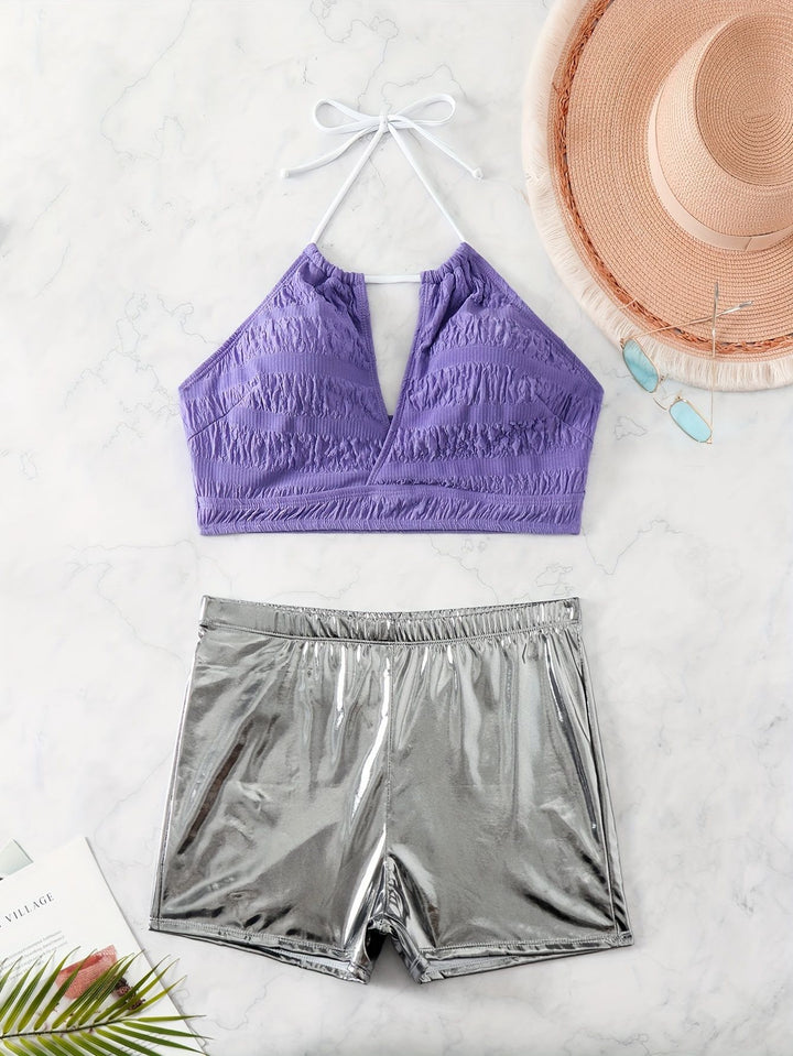Damen Bikini-Set mit floralem Oberteil und hochglänzenden Shorts Drune