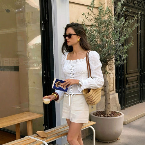 Damen Corsagen-Top im Broderie‑Look mit Schnürung und Puffärmeln Drune