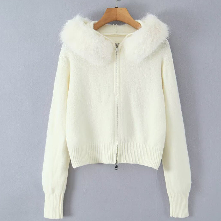 Damen Strickjacke mit luxuriösem Kunstfellkragen und Reißverschluss Drune