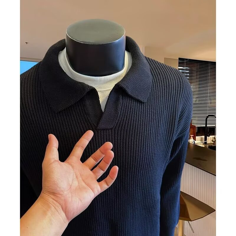 Herren Struktur-Strickpullover mit Polokragen und V‑Schlitz Drune