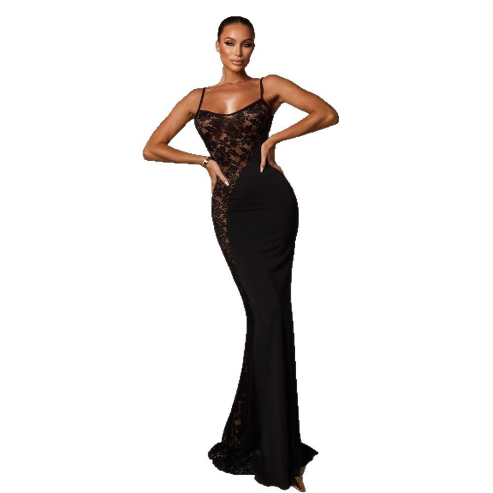 Damen Elegantes Langarm-Maxikleid mit filigraner Spitzenapplikation Drune