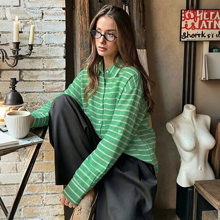Damen Lässige Leinenoptik-Hemdbluse mit Streifen, Oversize-Schnitt und Brusttasche Drune