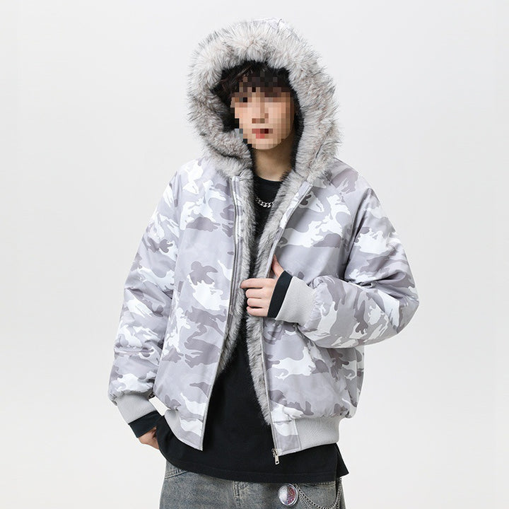 Herren Wattierte Kapuzen‑Bomberjacke im Oversize‑Look mit kontrastierendem Kunstfellfutter Drune