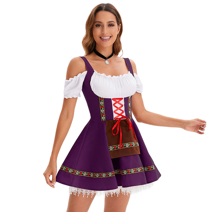 Damen nan traditionelles Oktoberfest Dirndl Minikleid mit Schnürung und abnehmbarer Schürze Drune