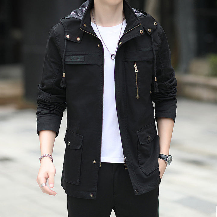 Herren Leichte Fieldjacke mit Kapuze, Multifunktionstaschen und verdecktem Reißverschluss Drune