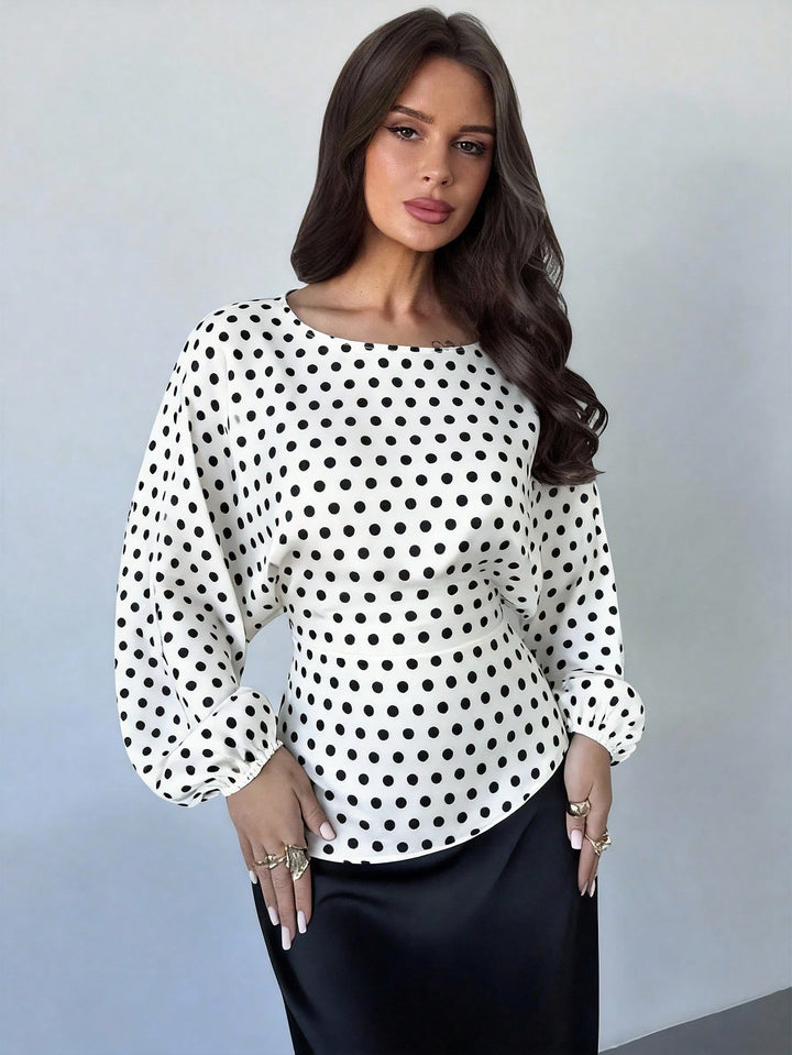 Damen Polka-Dot Satinbluse mit Ballonärmeln und weitem Rundhalsausschnitt Drune