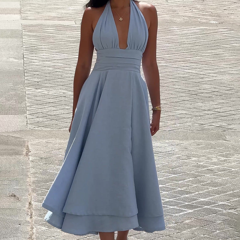 Damen elegantes Midikleid mit tiefem V-Ausschnitt und Fließendem Rock Drune