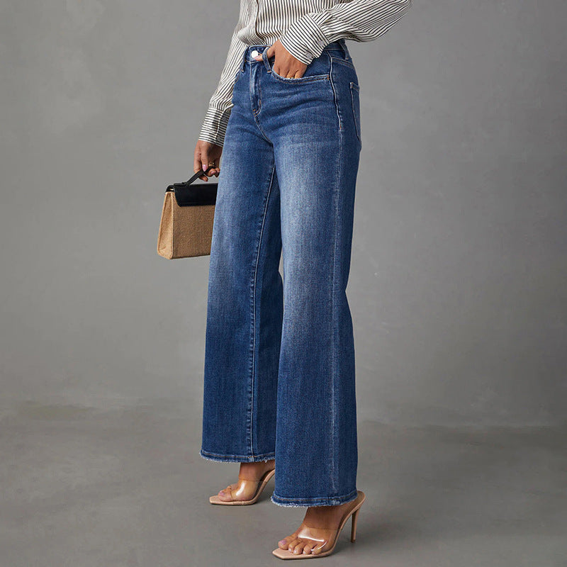 Damen High-Waist Denim-Schlaghose mit weitem Bein und leichter Vintage-Waschung Drune