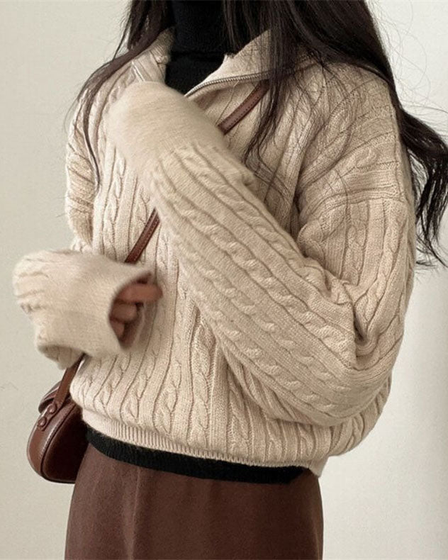 Drune Vintage Rollkragen Reißverschluss Twist Strickpullover