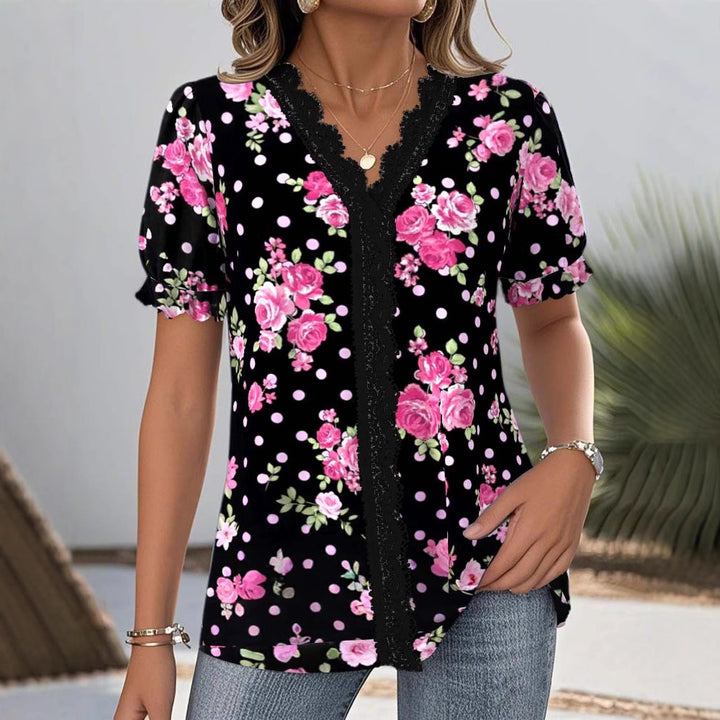 Damen nan florale V-Ausschnitt-Bluse mit dekorativer Spitzenblende und gerafften Kurzärmeln Drune