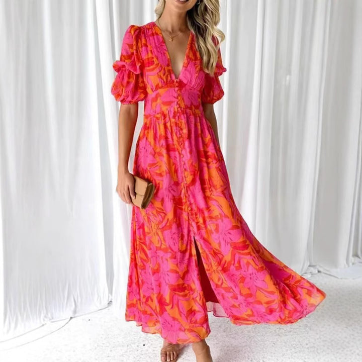 Damen Maxikleid mit floralem Design, tiefem V-Ausschnitt und seitlichem Schlitz Drune