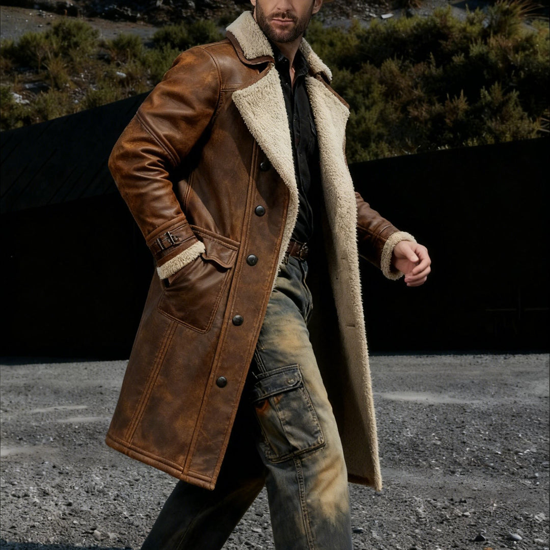 Herren Langer Vintage-Lederimitatmantel mit Teddyfutter und verstellbaren Schnallenmanschetten Drune