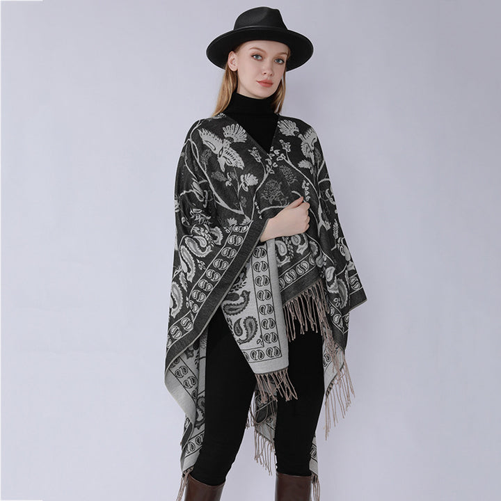 Damen Jacquard-Poncho im Oversize-Kaftan mit floraler und Vogelornamentik Drune