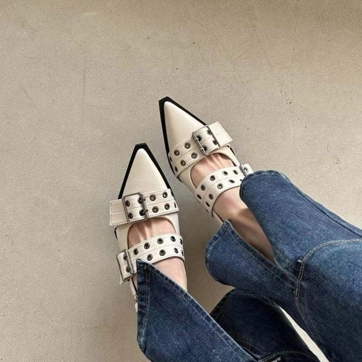 Damen nan spitze Ballerina-Slipper mit doppelten Nietenriemen und verstellbaren Schnallen Drune