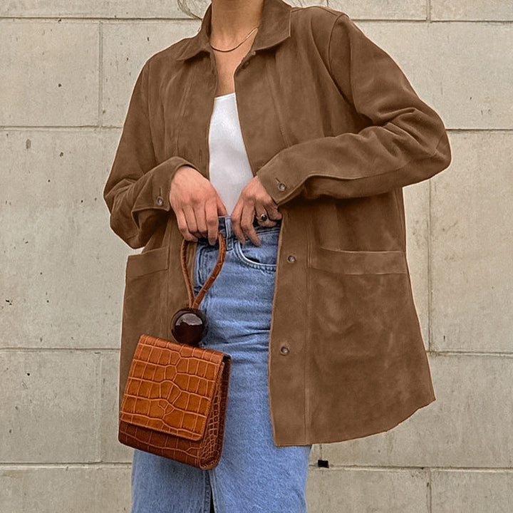 Damen Modische Wildlederjacke mit Druckknopfverschluss und praktischen Taschen Drune