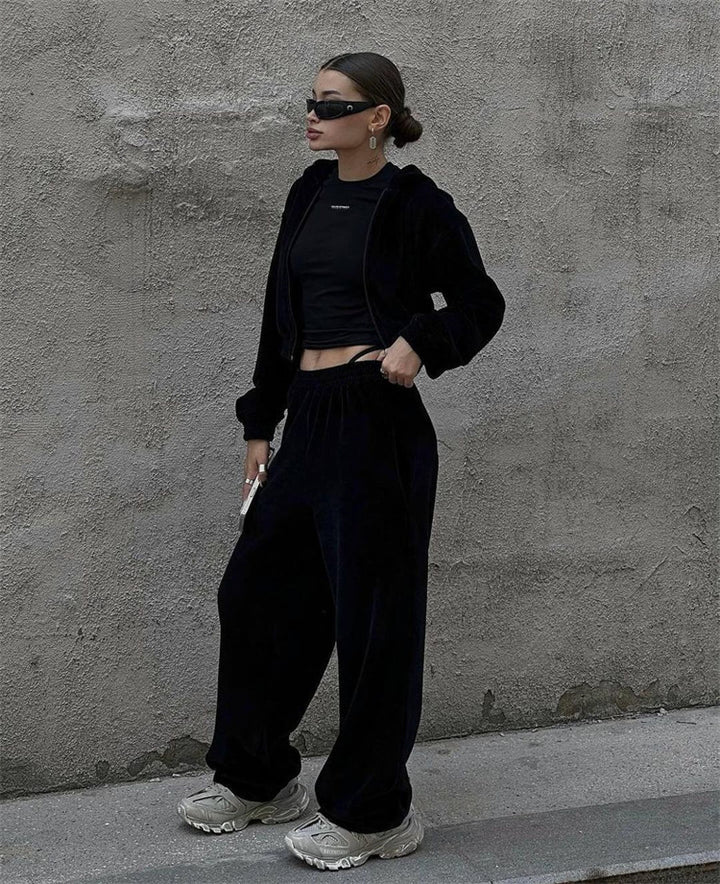 Damen samtiges Lounge-Set mit kurzem Zip-Hoodie, elastischem Rippbund und weitem High-Waist Palazzo-Hose Drune