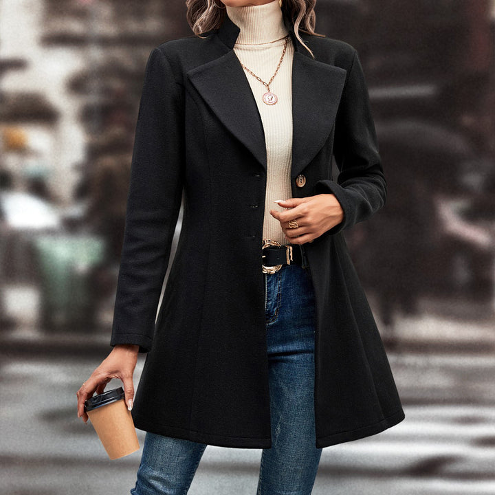 Damen eleganter Wintermantel mit asymmetrischem Schnitt und hohem Kragen Drune