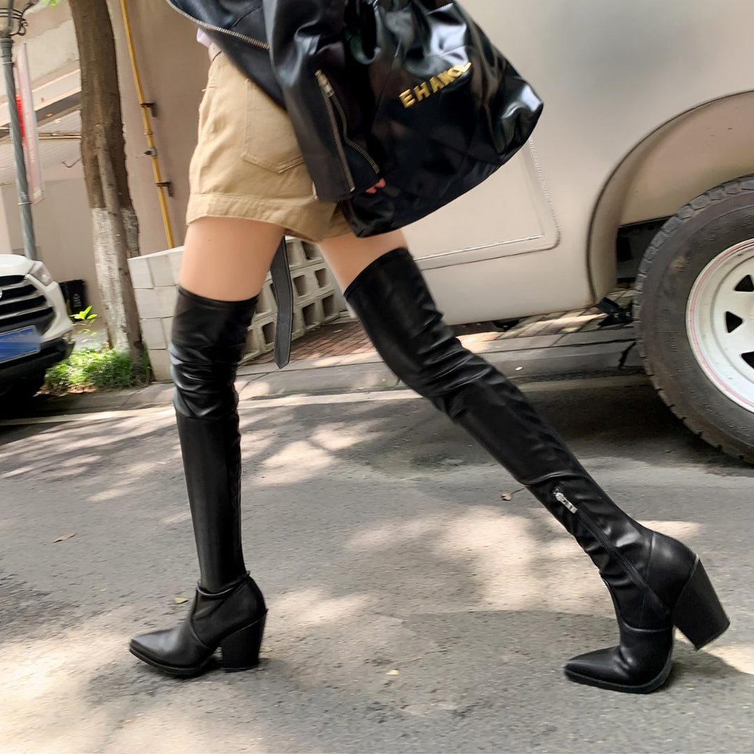 Damen High-Heel Overknee-Stiefel mit schickem Riemendesign Drune