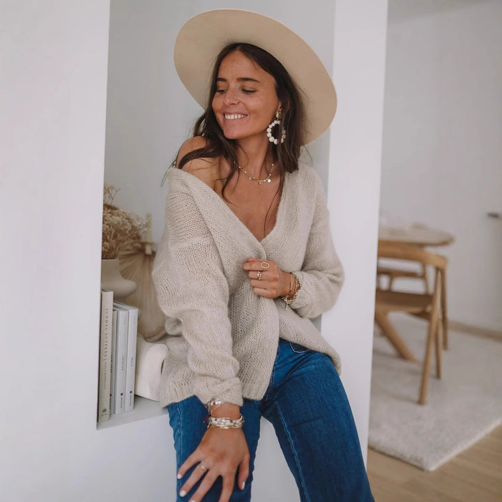 Damen gemütlicher Oversized-Pullover mit tiefem V-Ausschnitt und weicher Textur Drune