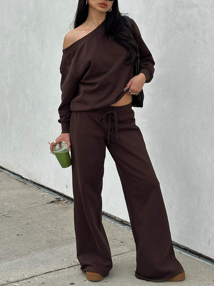 Damen Lässiges Off-Shoulder Lounge-Set aus French-Terry mit weitem Bein und Kordelzug Drune