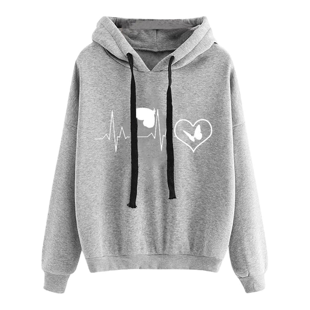 Damen nan leichter Oversize Kapuzenpullover mit Herz‑EKG‑Motiv, langen Kordeln und elastischem Bund Drune
