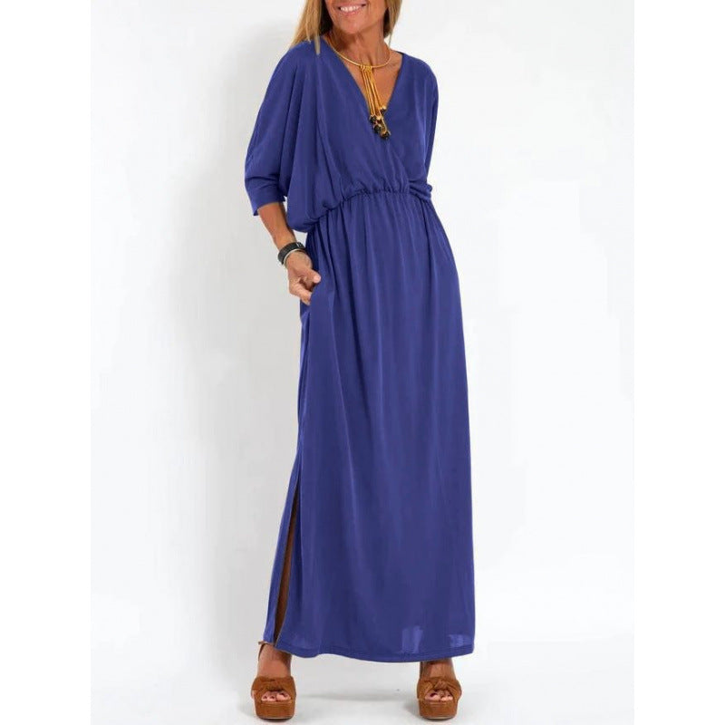 Damen lässiges Maxikleid mit V-Ausschnitt und seitlichen Schlitzen Drune