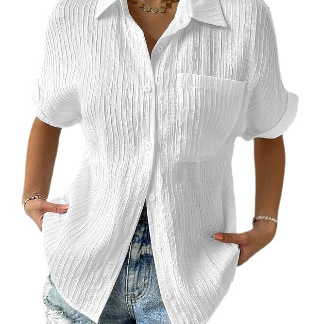 Damen nan Crinkle-Optik-Hemdbluse mit Brusttasche, Krempelärmeln und lockerer Passform Drune