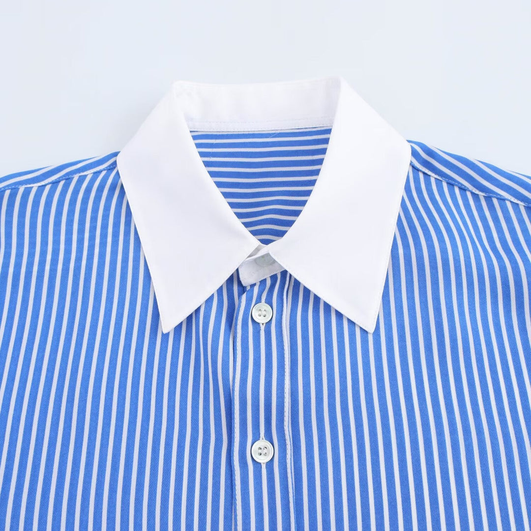 Drune | Modische Blau Weiß Gestreifte Revers Vielseitige Bluse