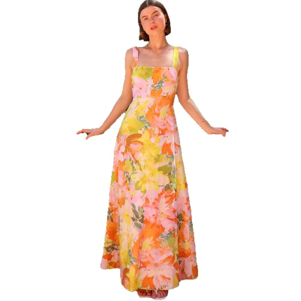 Damen Florales Maxikleid mit tailliertem Schnitt und Spaghettiträgern Drune