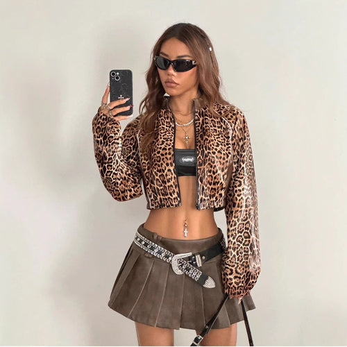 Damen Cropped Kunstlederjacke mit Leopardenmuster Drune