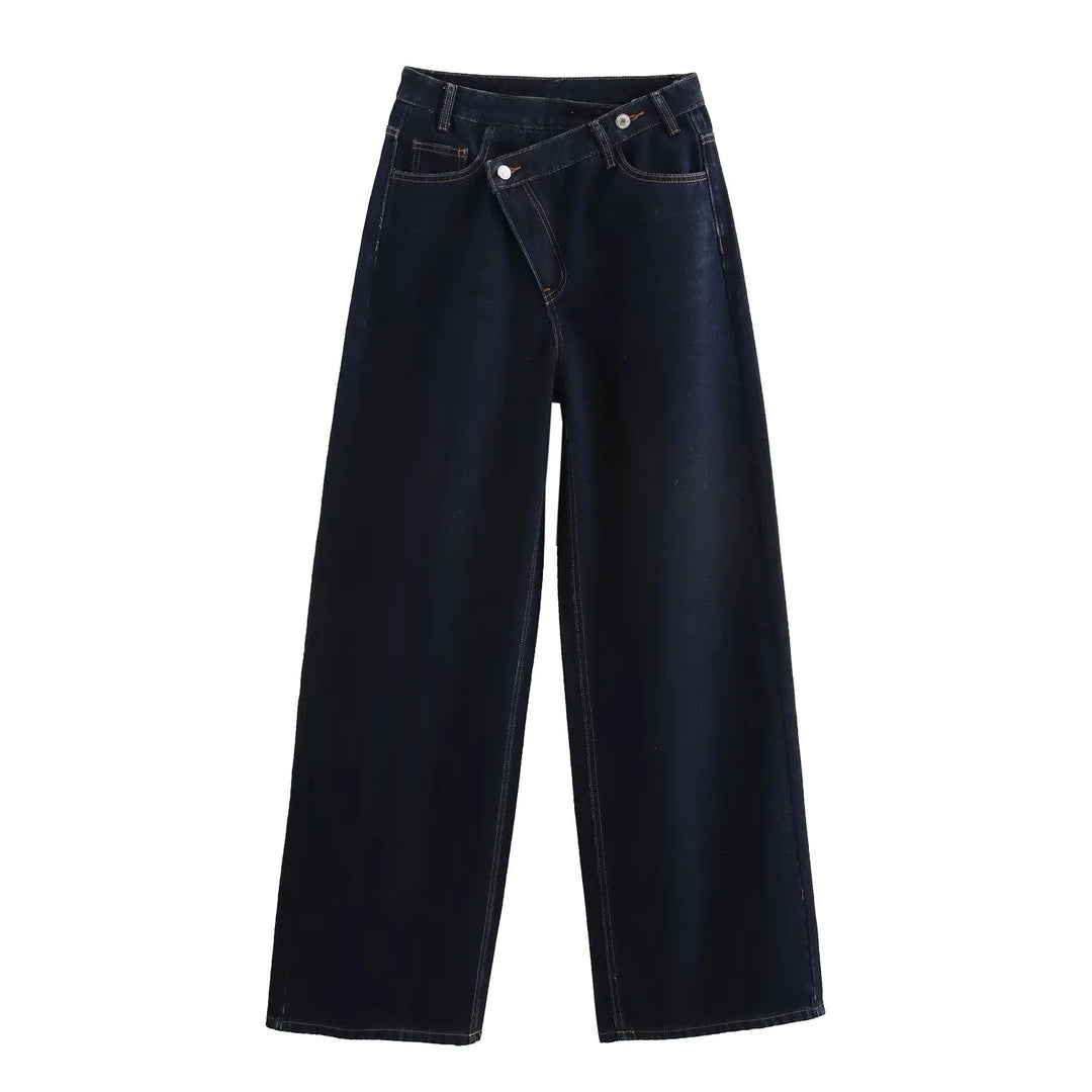 Damen 20+ weite High‑Waist Denim‑Palazzo‑Jeans mit asymmetrischem Bunddetail Drune
