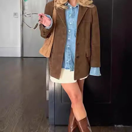 Damen Wildlederblazer im Vintage-Stil mit Taschen Drune