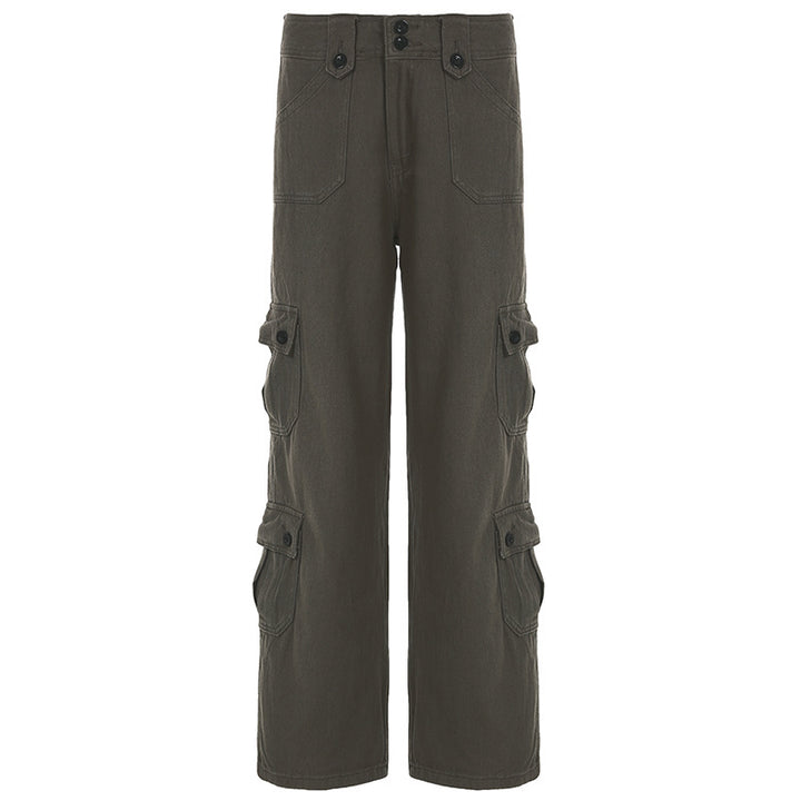 Damen Cargo-Hose mit hoher Taille, weitem Bein und mehreren Klappentaschen Drune