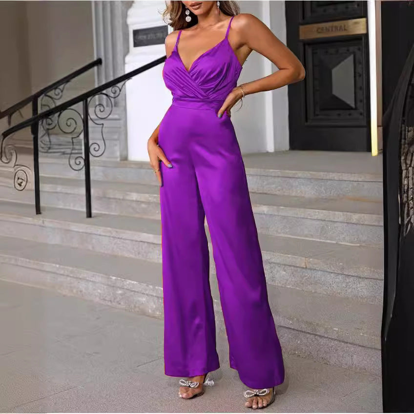 Damen Eleganter Jumpsuit mit tiefem V-Ausschnitt und schmaler Taille Drune