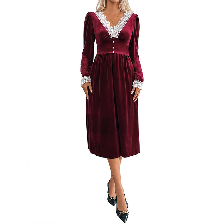 Damen Samt-Midikleid mit Spitzen‑V-Ausschnitt, tailliertem Empire‑Schnitt und Zierknöpfen Drune