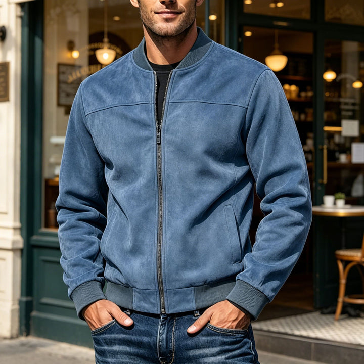 Herren Veloursleder-Optik Bomberjacke mit Reißverschluss und Rippbündchen Drune