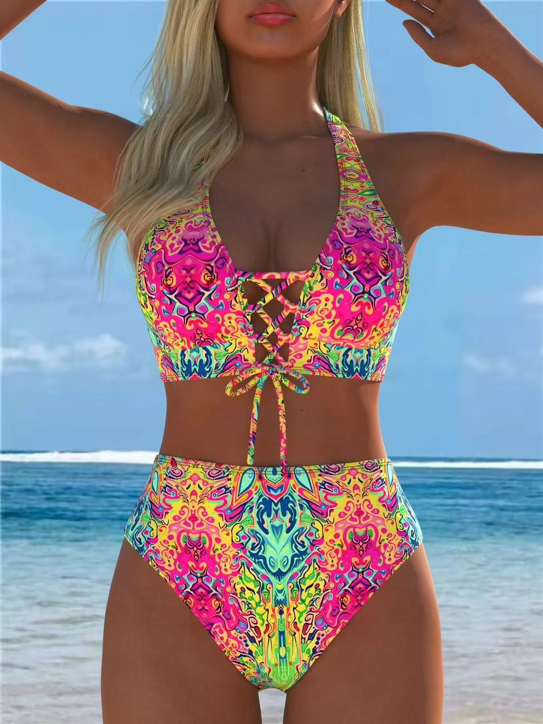 Damen Hochgeschnittener Bikini mit elegantem Schnürdetail Drune