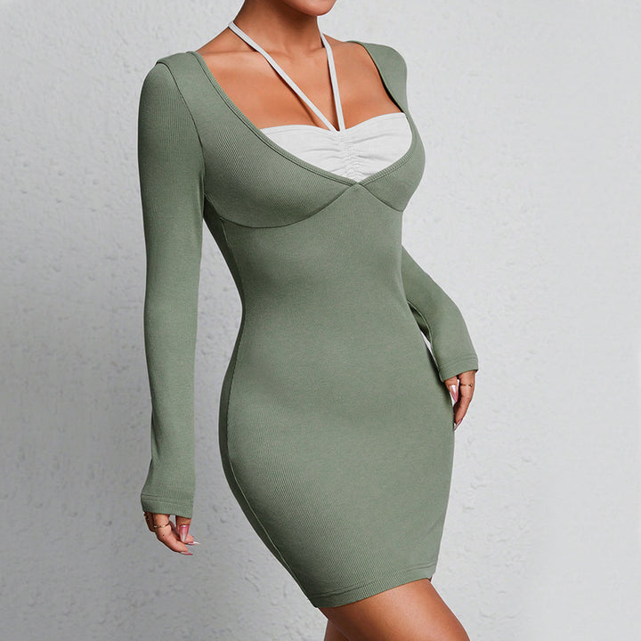 Damen figurbetontes Langarmkleid mit raffiniertem Ausschnitt und feinen Rippdetails Drune