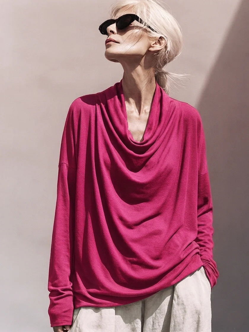 Damen Drapiertes Oversize-Langarmshirt mit Wasserfallkragen Drune