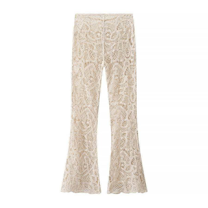Damen nan gehäkelte Schlaghose mit floralem Crochetmuster, elastischem Bund und teilgefüttertem Innenbein Drune