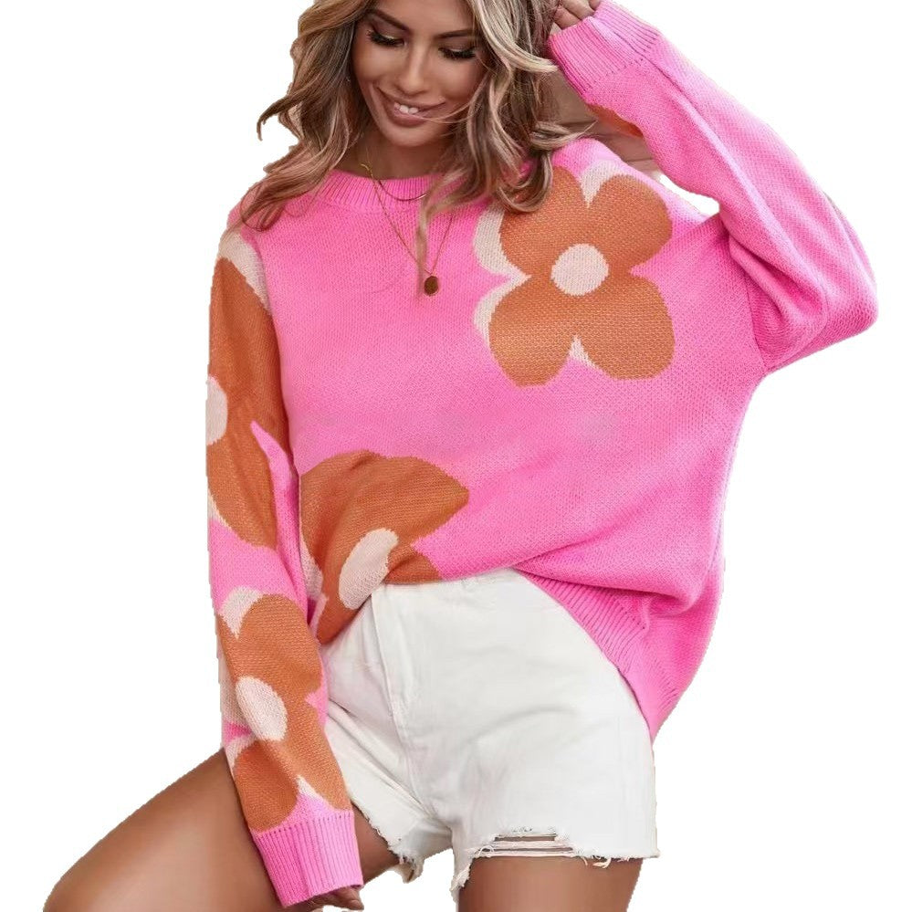 Damen Grobstrickpullover mit lebhaftem Blumenmuster und Rundhalsausschnitt Drune