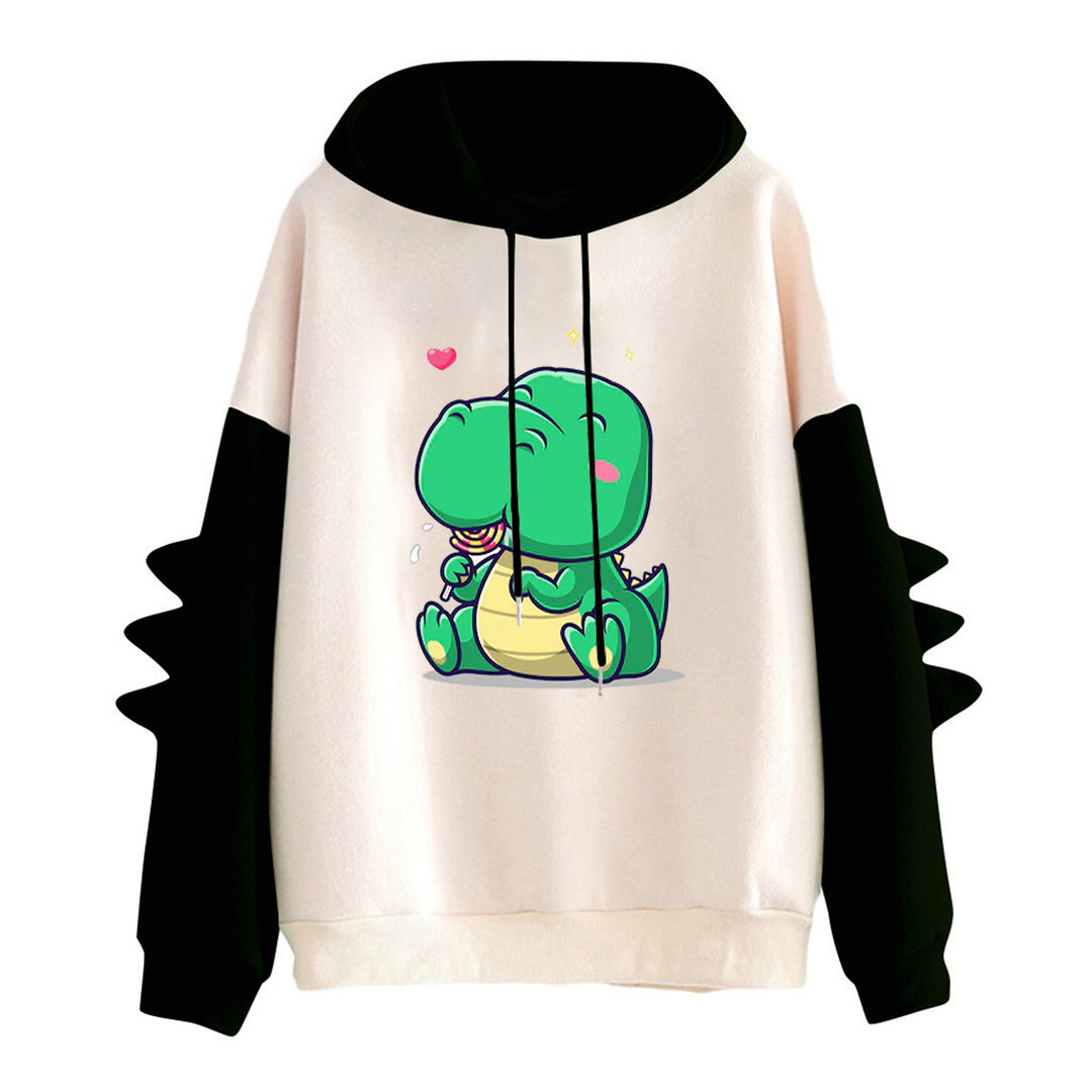 Damen nan Kapuzenpullover mit niedlichem Dinosaurierprint, kuscheligem Innenfutter und dreidimensionalen Ärmeldetails Drune