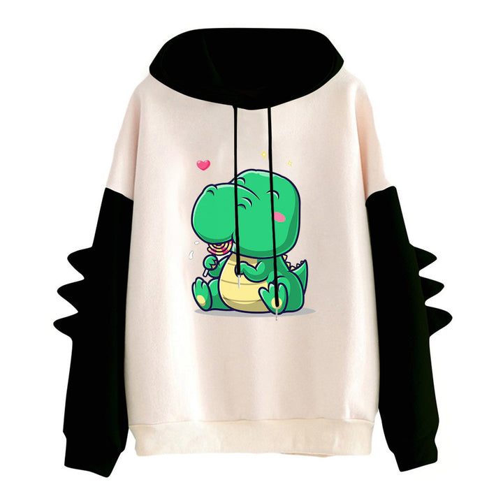 Damen nan Kapuzenpullover mit niedlichem Dinosaurierprint, kuscheligem Innenfutter und dreidimensionalen Ärmeldetails Drune
